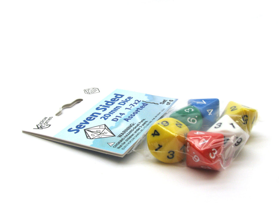 Pack of 6 D7 14-Sided 20mm Numbered 1 to 7 Twice Dice - Assorted Colors