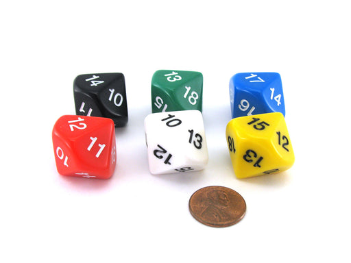 Pack of 6 D10 20mm Numbered 10 to 19 Dice - Assorted Colors