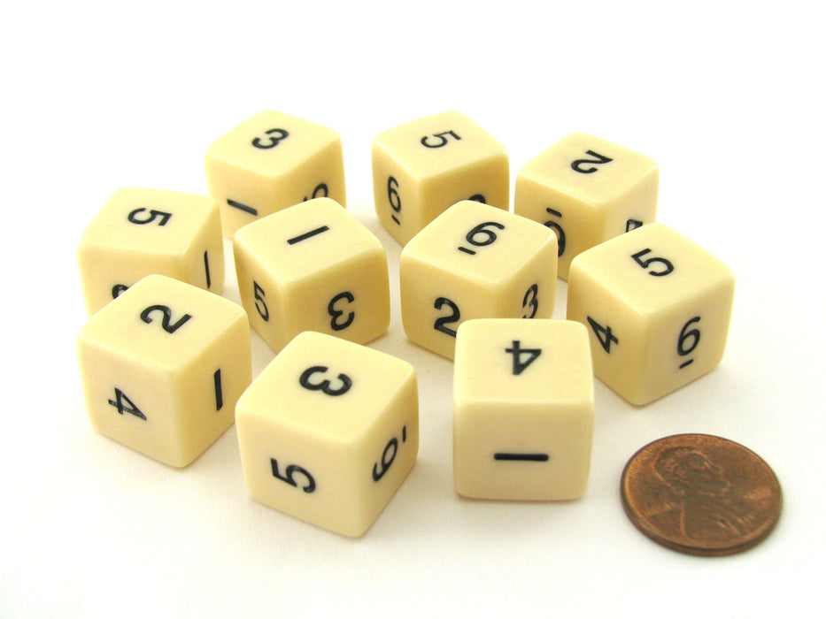 Set of 10 D6 Six-Sided 16mm Opaque Numbered Dice - Ivory with Black Numbers