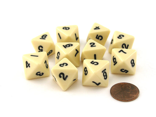 Pack of 10 D8 8-Sided 15mm Opaque Dice - Ivory with Black Numbers