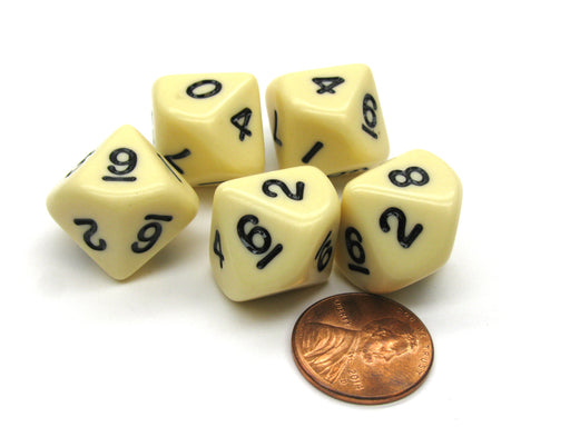 Set of 5 D10 10-Sided 16mm Opaque RPG Dice - Ivory with Black Numbers