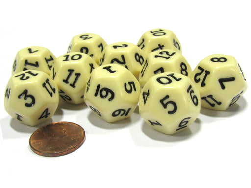 Set of 10 D12 12-Sided 18mm Opaque RPG Dice - Ivory with Black Numbers