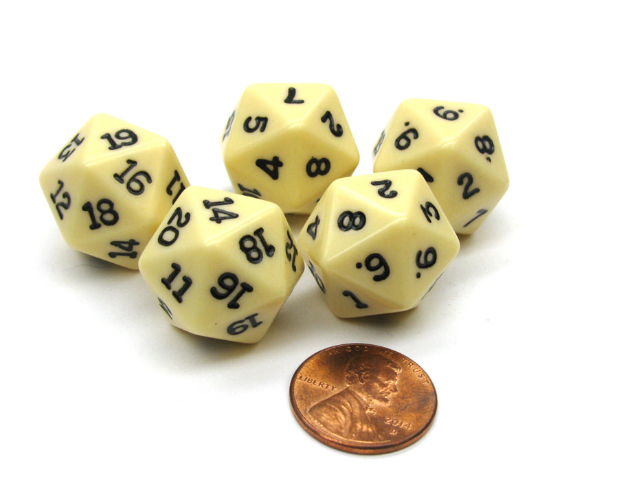 Set of 5 Twenty Sided 19mm D20 Opaque Dice RPG D&D Ivory with Black Numbers Die