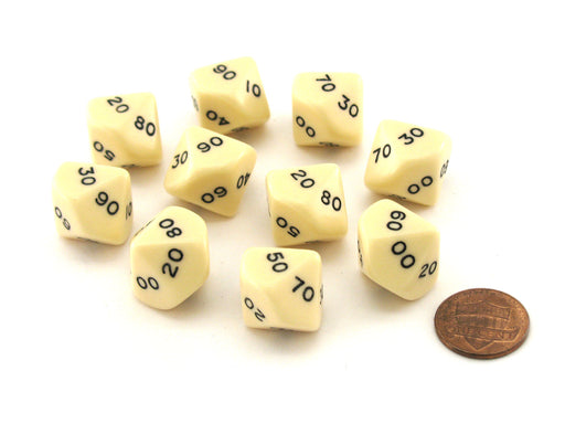 Pack of 10 Tens D10 (00-90) 16mm Opaque Dice - Ivory with Black Numbers