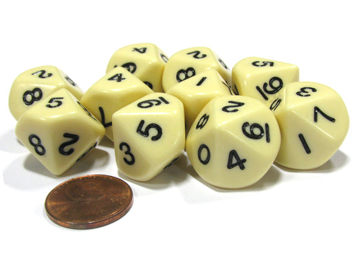 Set of 10 D10 10-Sided 16mm Opaque Dice - Ivory with Black Numbers