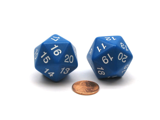 Pack of 2 Large 30mm Countdown D20 Dice - Blue with White