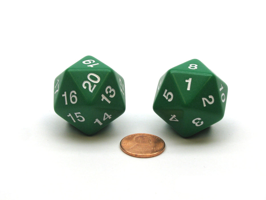 Pack of 2 Large 30mm Countdown D20 Dice - Green with White