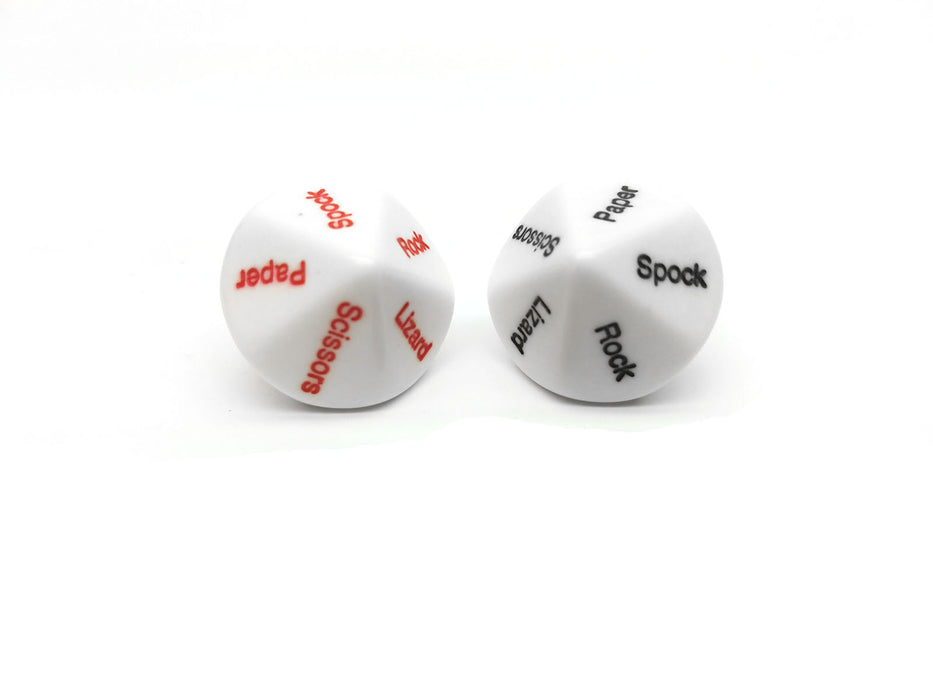 Pack of 2 D10 Dice Rock Paper Scissors Lizard Spock - White with Black/Red Words