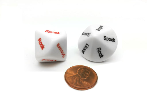 Pack of 2 D10 Dice Rock Paper Scissors Lizard Spock - White with Black/Red Words