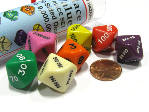 Set of 7 Place Value D10 Dice In a Tube- Number Die for Counting 0 to 9,999,999