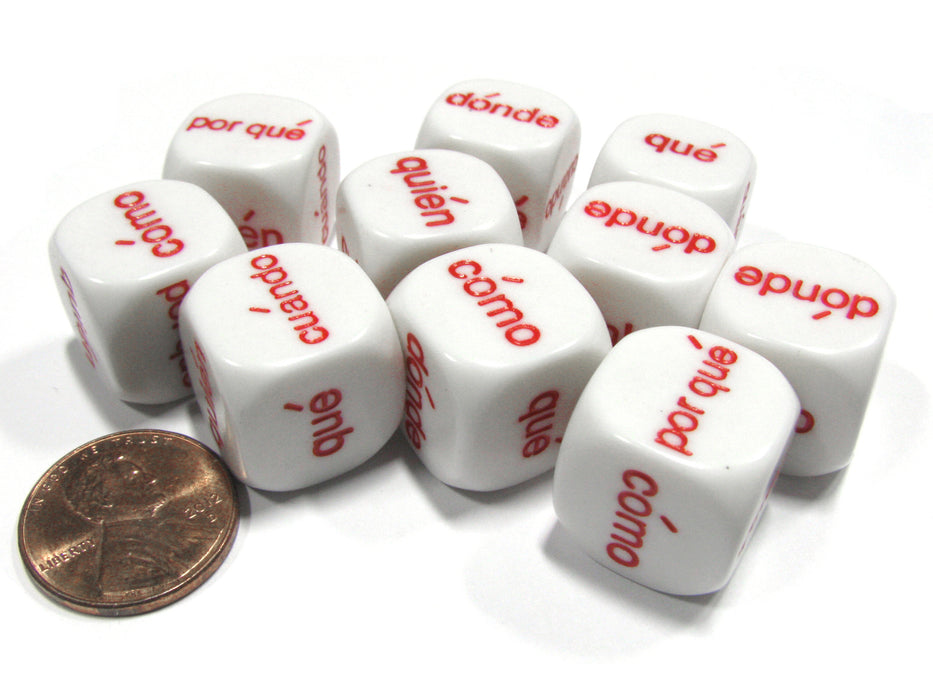 Set of 10 D6 16mm Educational Spanish Interrogative Questions Dice- White w/ Red