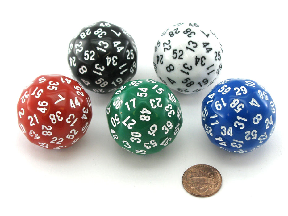 Tube of 5 D60 (60-Sided) 35mm Dice - 1 Each of Green White Blue Black Red