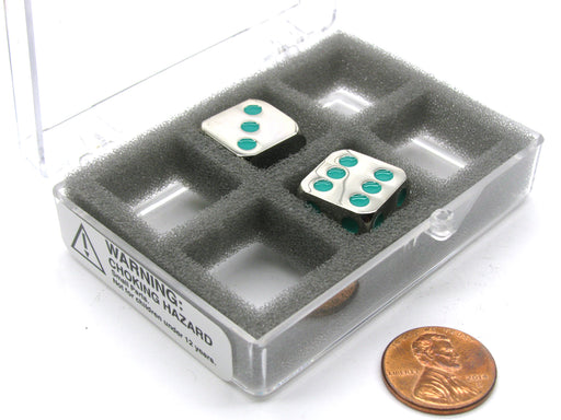 Box of 2 Zinc Metal Alloy D6 15mm Heavy Dice - Green Pips