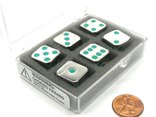 Box of 6 Zinc Metal Alloy D6 15mm Heavy Dice - Green Pips