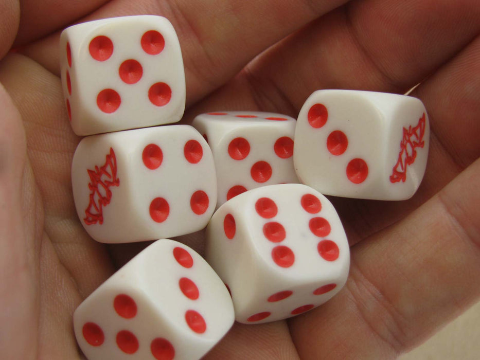 Pack of 6 Bat Dice, D6 16mm Round Edge - White with Red Pips