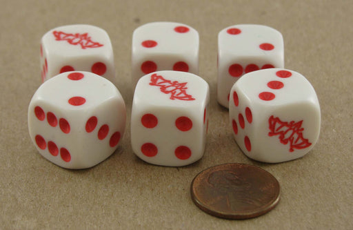 Pack of 6 Bat Dice, D6 16mm Round Edge - White with Red Pips