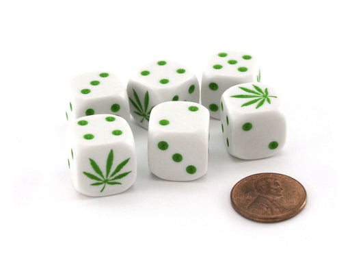 Pack of 6 Marijuana Hemp Weed 16mm Dice Set - White with Green Etches