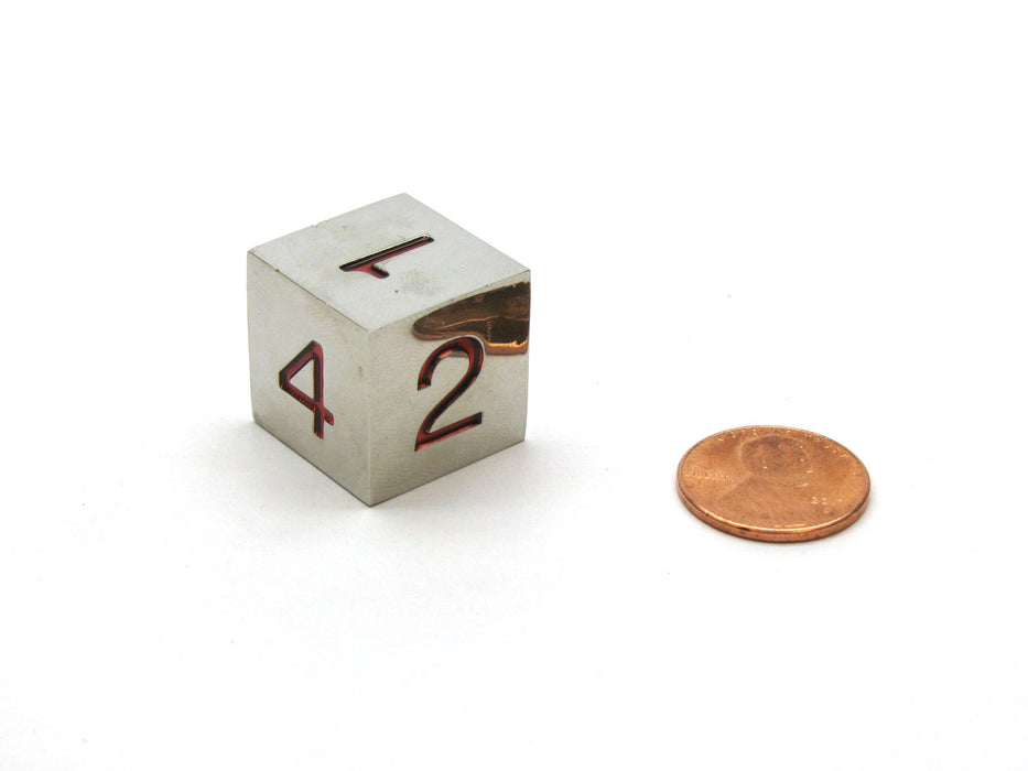 Single D6 20mm Numbered 1 to 6 Metal Die - Silver with Red Numbers