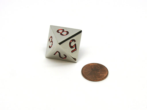 Single D8 20mm Numbered 1 to 8 Metal Die - Silver with Red Numbers