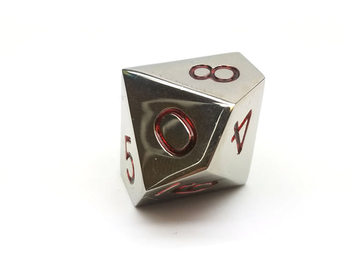 Single D10 20mm Numbered 0 to 9 Metal Die - Silver with Red Numbers