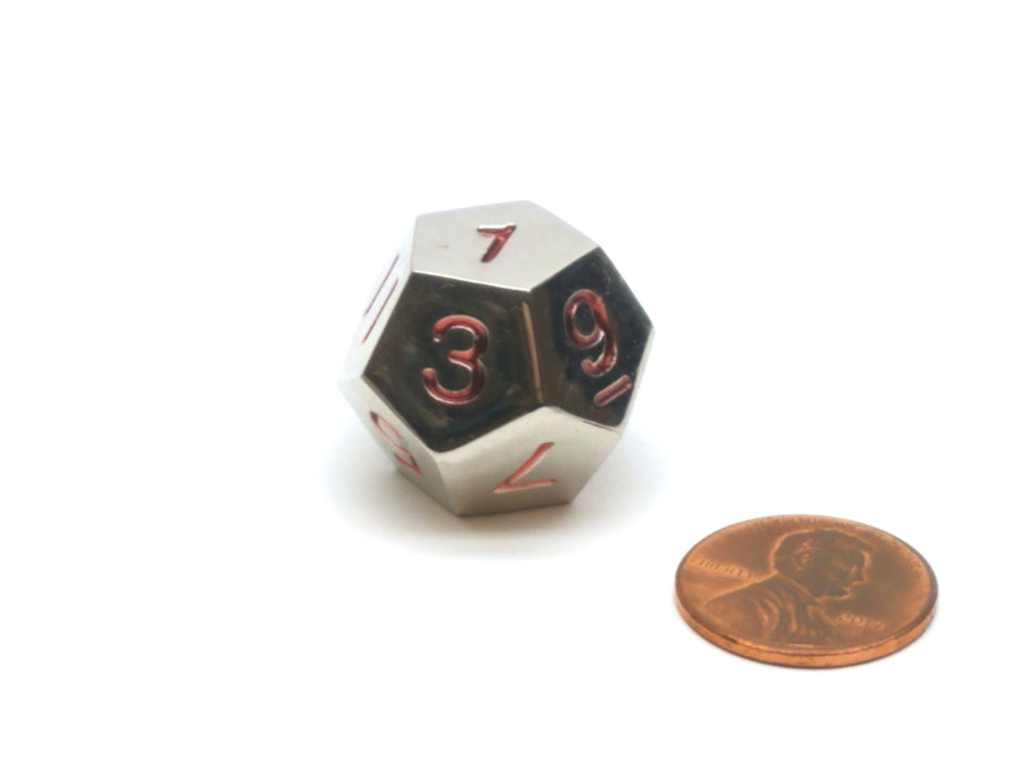 Single D12 20mm Numbered 1 to 12 Metal Die - Silver with Red Numbers