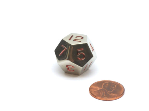 Single D12 20mm Numbered 1 to 12 Metal Die - Silver with Red Numbers