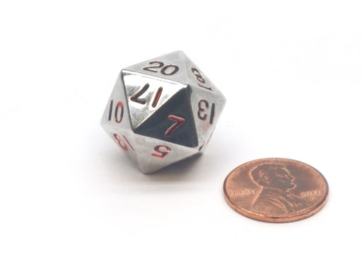 20mm Zinc Metal Alloy 20 Sided D20 Dice - Silver with Red Numbers