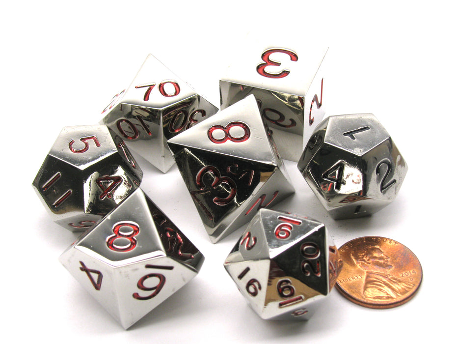Polyhedral 7-Die Zinc Metal Alloy Dice Set - Red Numbers