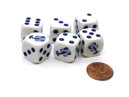Set of 6 16mm D6 Round Edge Koplow Games Lobster Dice - White with Blue