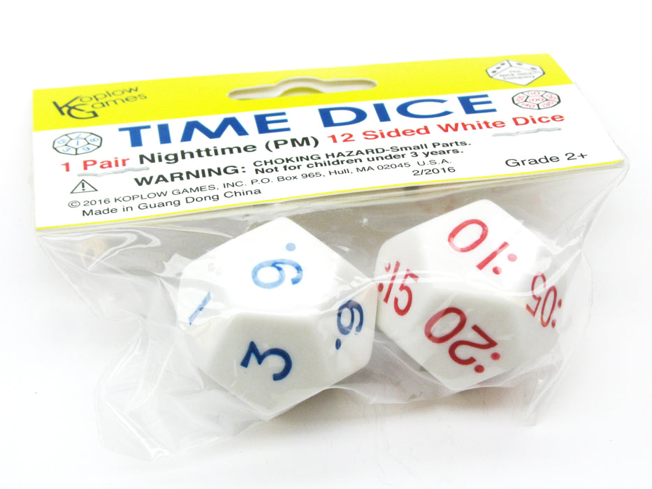 Set of 2 Jumbo White D12 Time Dice for Nighttime (PM) Basic Time Telling Skills