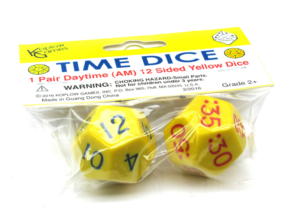 Set of 2 Jumbo Yellow D12 Time Dice for Daytime (AM) Basic Time Telling Skills