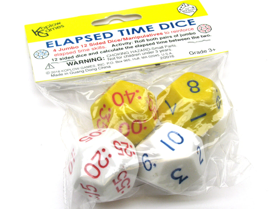 Set of 4 Jumbo D12 Elapsed Time Educational Dice - 2 Each of Yellow and White