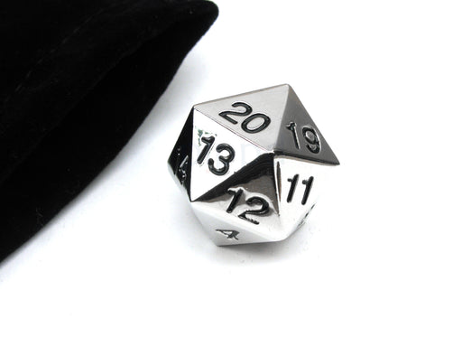 Large 22mm Zinc Metal Alloy Countdown D20 Dice w Black Bag, 1 Pc - Black Numbers
