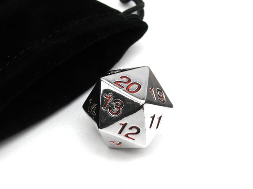 Large 22mm Zinc Metal Alloy Countdown D20 Dice with Black Pippd Bag- Red Numbers