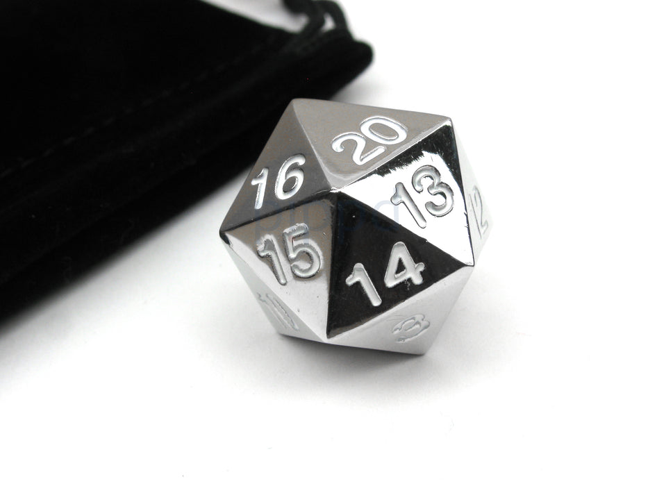 Large 22mm Zinc Metal Alloy Countdown D20 Dice w Black Bag, 1 Pc - White Numbers
