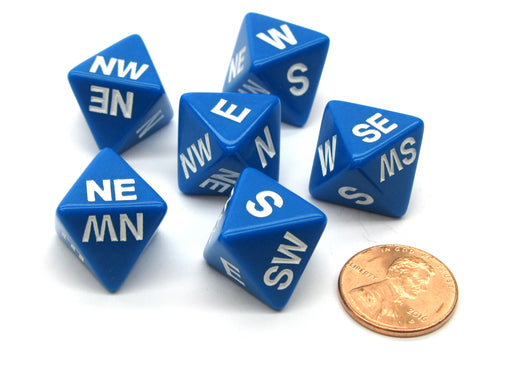 Set of 6 Compass Cardinal Direction 8 Sided Dice - Blue with White Letters