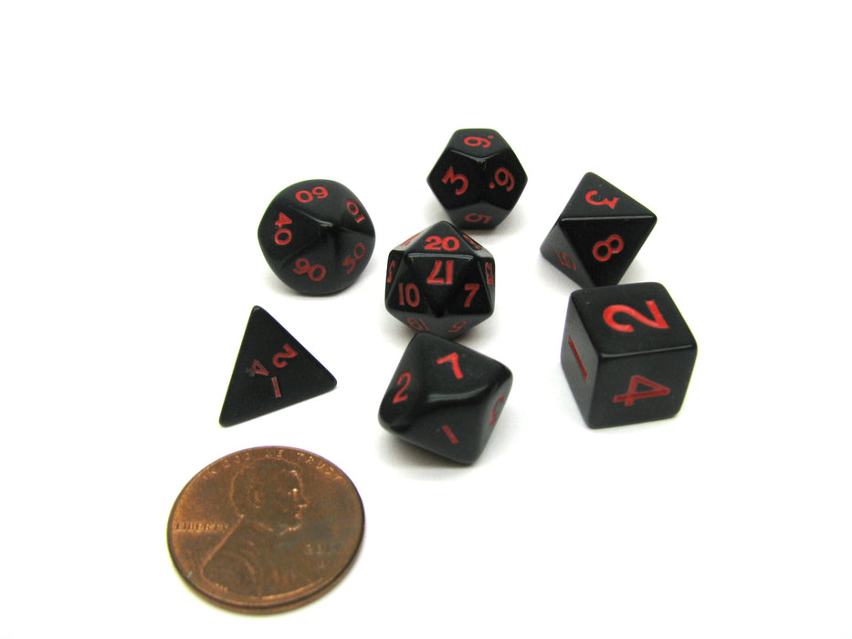 Mini Polyhedral 7 Piece Dice Set Opaque Small 11mm Die - Black with Red Numbers
