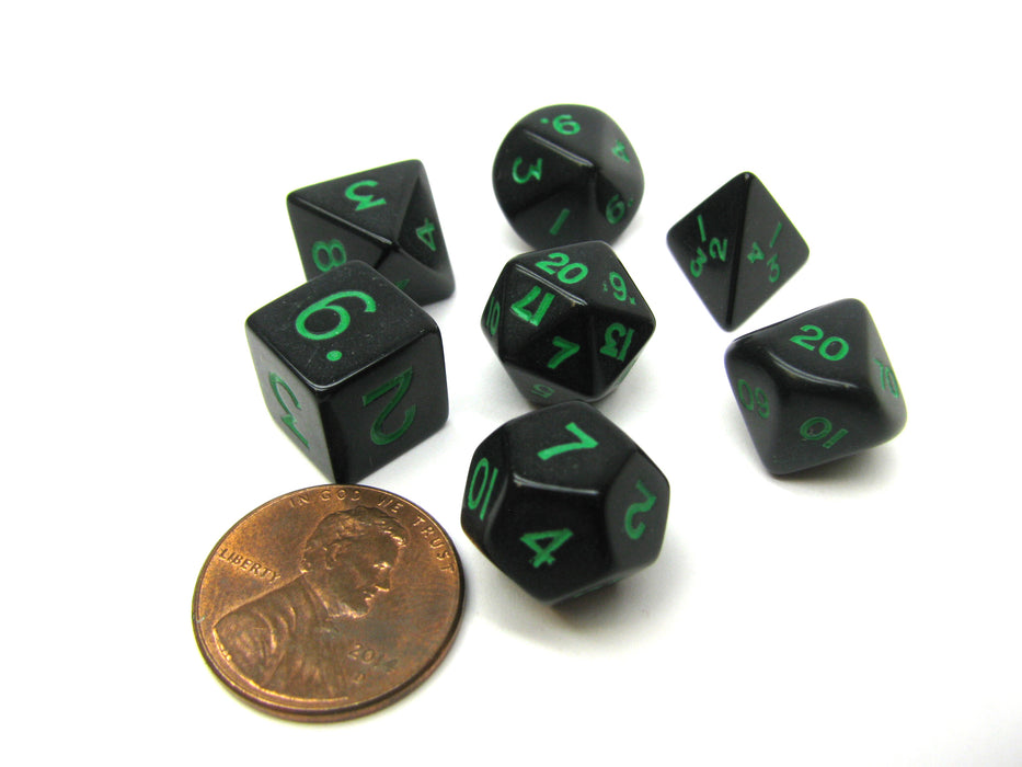 Mini Polyhedral 7 Piece Dice Set Opaque Small 11mm Die- Black with Green Numbers