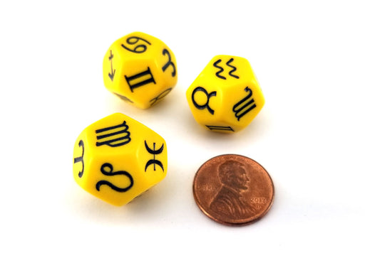 Set of 3 18mm D12 Zodiac Symbols Dice - Yellow