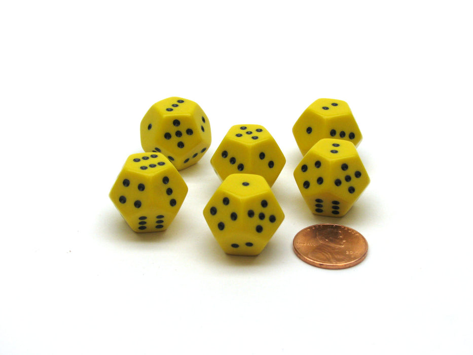 Pack of 6 12-Sided D6 Spotted 1 to 6 Twice Dice - Yellow with Black