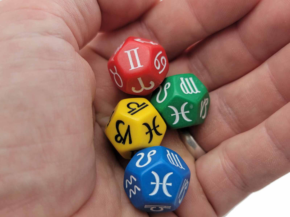 Set of 4 18mm D12 Zodiac Symbols Dice - 1 of each color: Red, Green, Blue, Yellow
