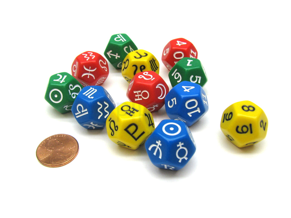Planets, Signs, Numbers Astrology Dice Set, 12 D12 Dice - Assorted Colors