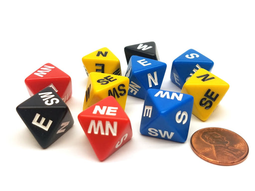 Set of 10 Compass Cardinal Direction D8 Dice - Assortment of Colors