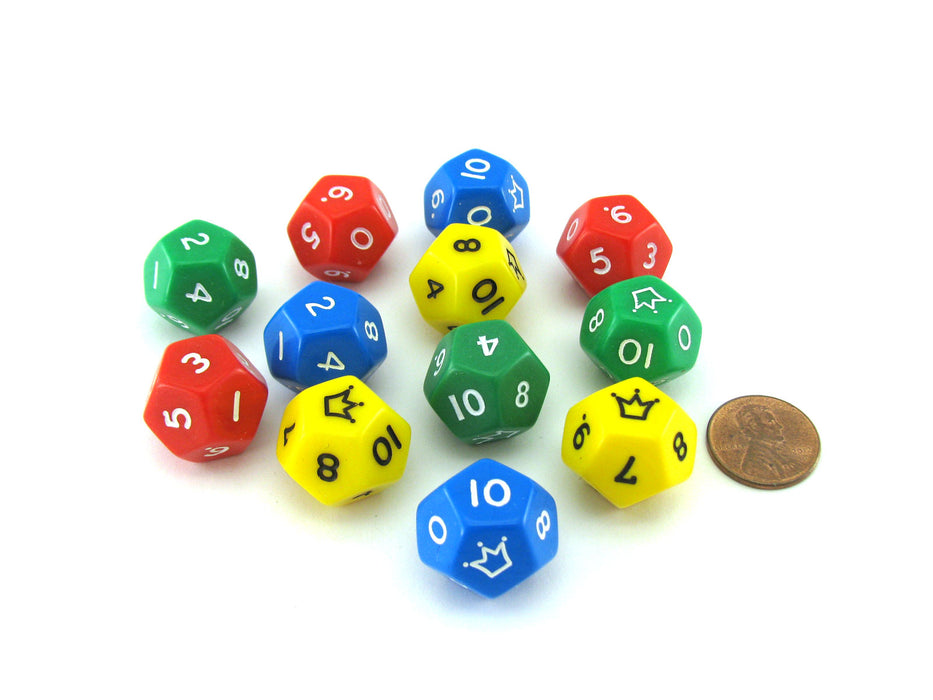 Pack of 12 D12 Jester Dice Numbered 0 to 10 - 3 Each of Green Red Yellow Blue
