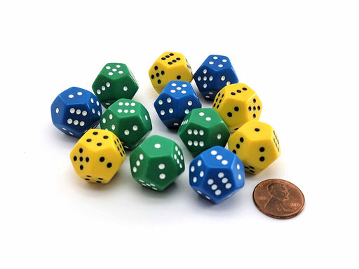 Pack of 12 D6 12-Sided Spotted 1-6 Twice Dice - 4 Each of Green Yellow Blue