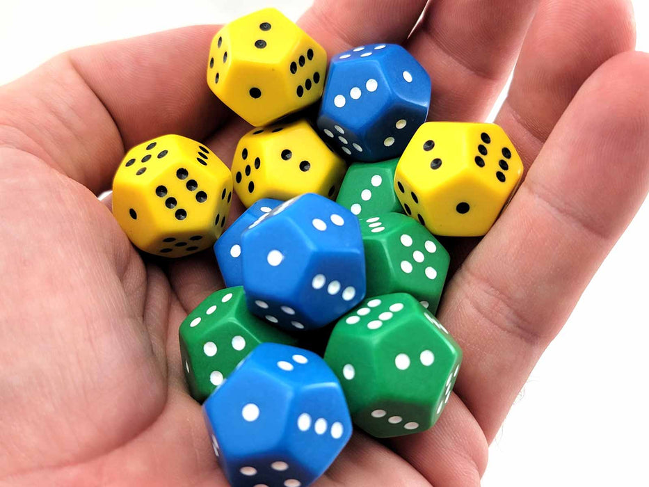 Pack of 12 D6 12-Sided Spotted 1-6 Twice Dice - 4 Each of Green Yellow Blue