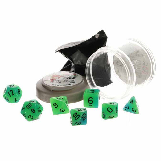 Polyhedral 7-Piece DnD Pizza Dungeon Dice Set - Glow Green & Blue