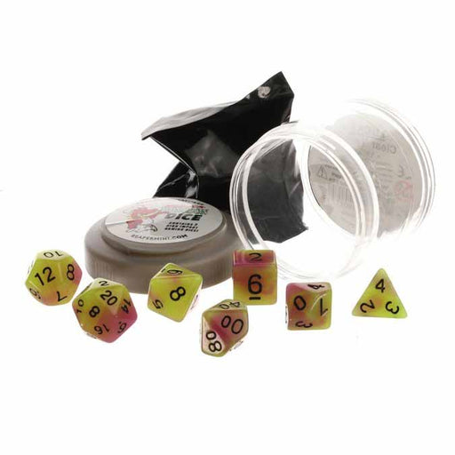 Polyhedral 7-Piece DnD Pizza Dungeon Dice Set - Glow Yellow & Purple