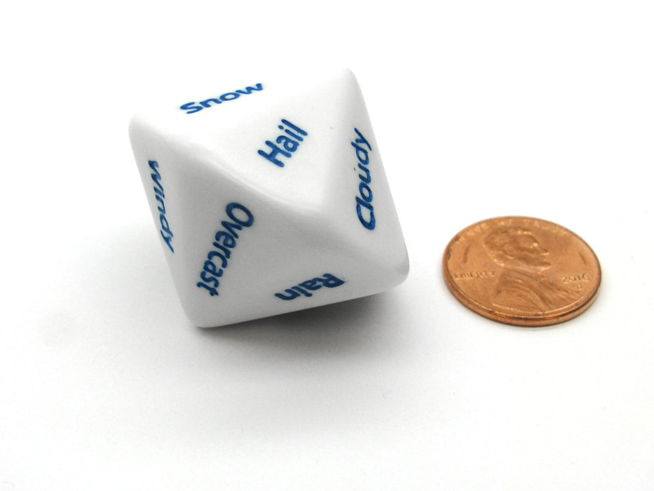 Weather Dice D14 26mm RPG D&D Setting Die, 1 Piece - White with Blue Words