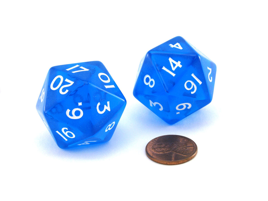 Pack of 2 Jumbo 29mm D20 Transparent Dice - Blue with White Numbers